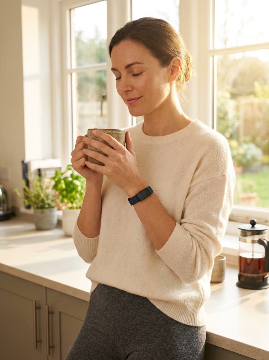 A person stretching in the morning wearing the BEFORE Band
