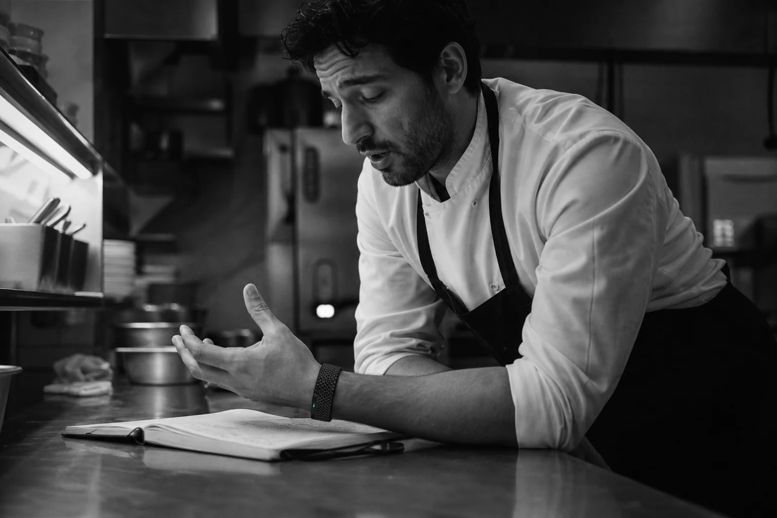 Un chef porte BEFORE.Band en préservant une pensée après le service