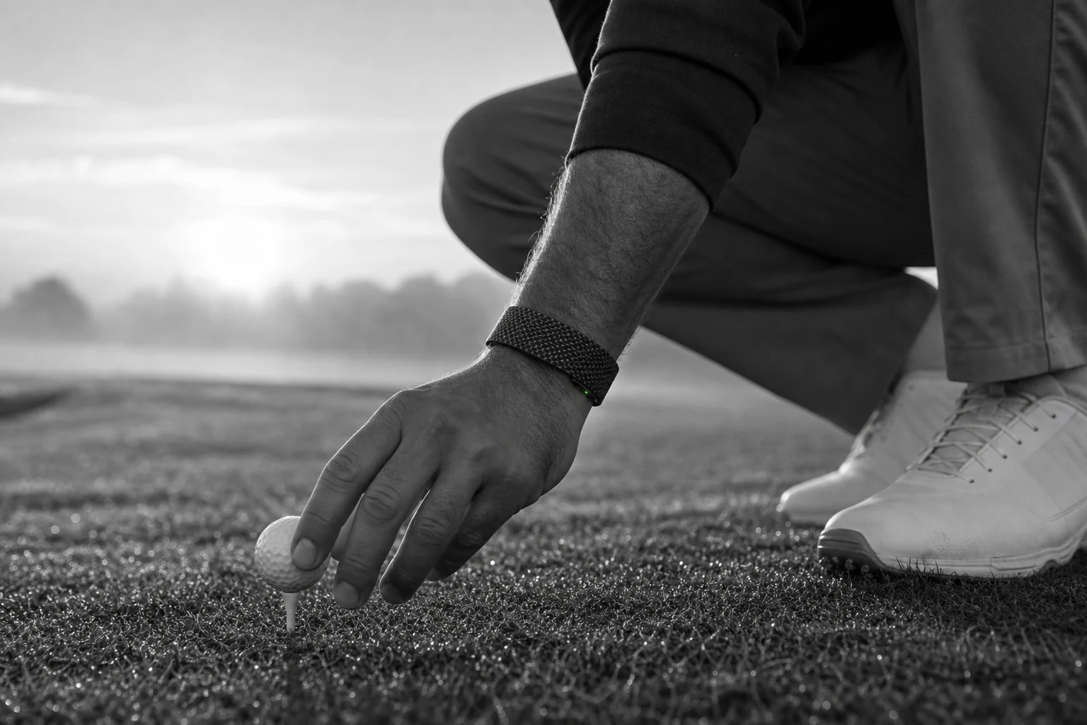 Un golfeur porte BEFORE.Band en plaçant une balle sur le tee