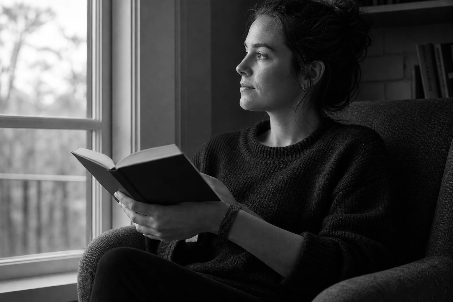 Une lectrice porte BEFORE.Band en s’arrêtant sur une pensée