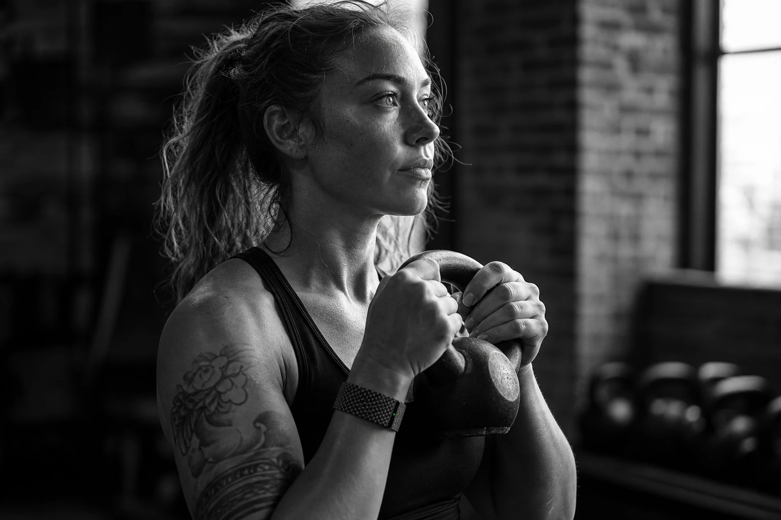 Une athlète porte BEFORE.Band entre deux séries de kettlebell