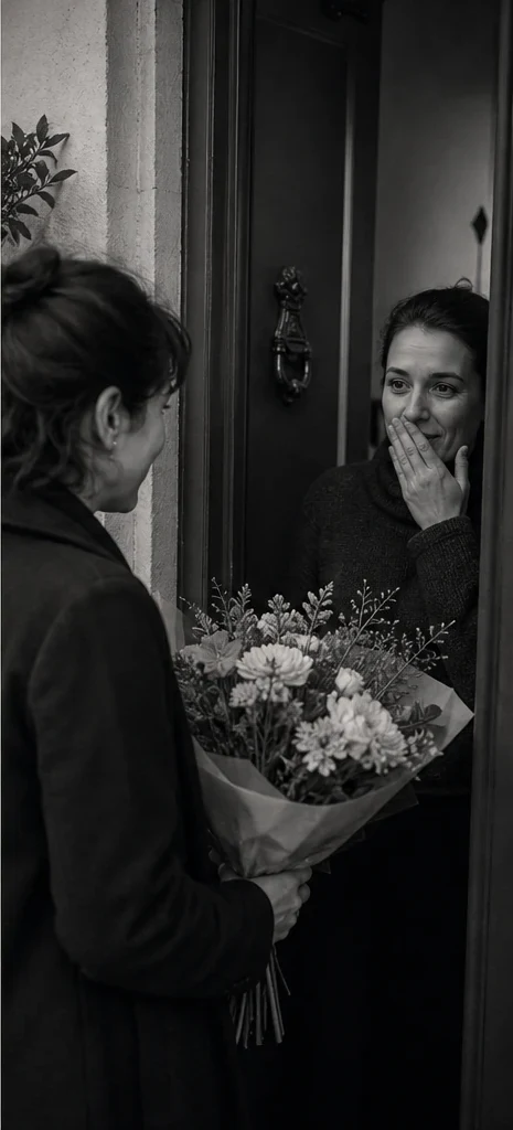 A bouquet arrives at a front door